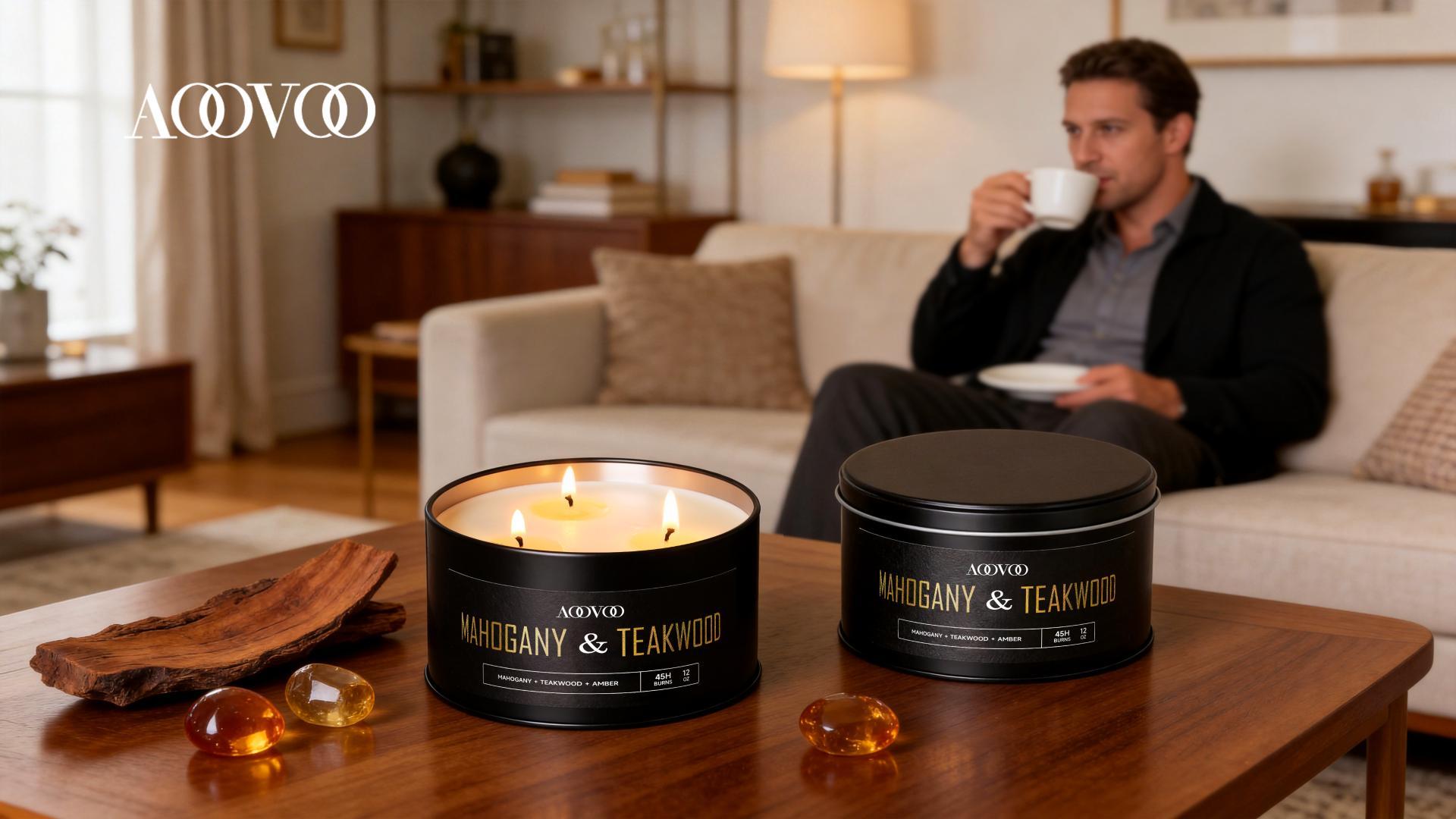 Image of AOOVOO Mahogany Teakwood Candles for Men - 3 Wick 12oz Black Scented Candle | Long Lasting Soy Candles for Home Scented, Masculine Candle Gift for Father Day, Women & Men, Non Toxic, Large