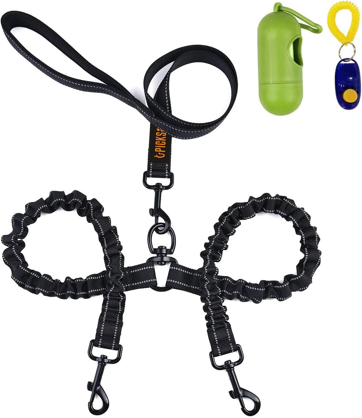U-picks Double Dog Lead Reflective Shock Absorbing 360° Rotation Bungee Design Tangle Free for Two Dogs Walking Training