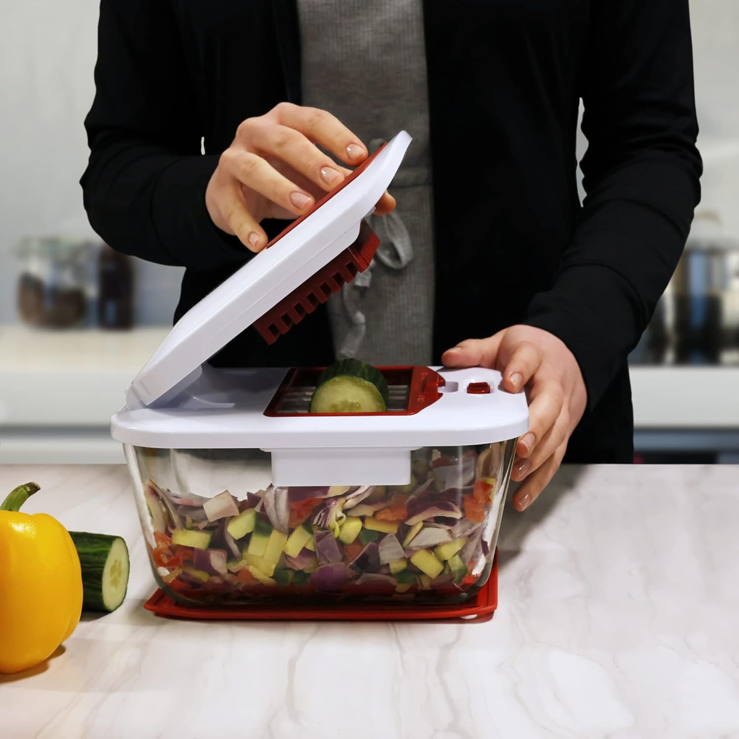 Valore Vegetable Chopper with 11-Cup Glass Food Container – Heavy Duty Food Chopper with 2 Stainless Steel Blades – Large French Fry Cutter for Fruits & Vegetables