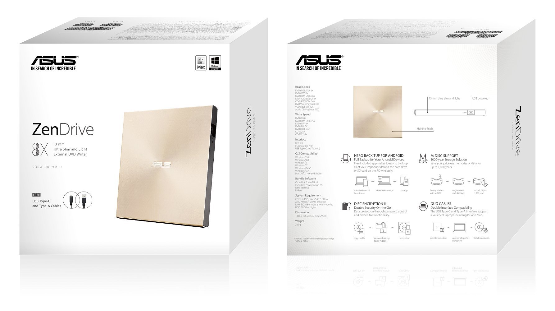 ASUS ZenDrive U9M Or (SDRW-08U9M-U) – Graveur DVD x8 ultra-compact, M-Disc supporté pour un stockage assuré pendant 1000 ans, compatible avec USB 3.0 Type-C & Type-A pour Windows & Mac OS
