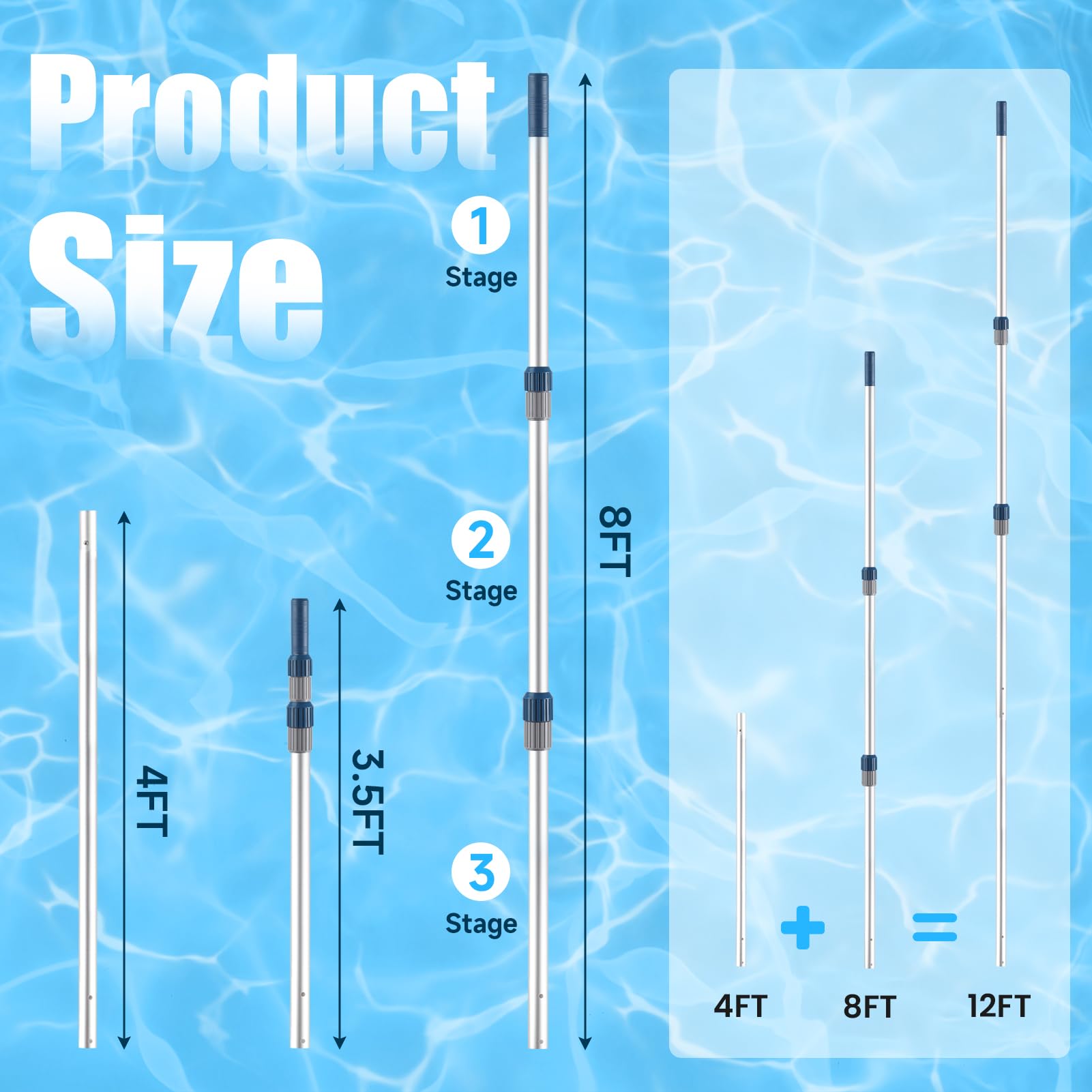 Bâton télescopique professionnel de 3,7 m en aluminium pour piscine – Attachez des filets d'écumoire, des râteaux, des brosses/2