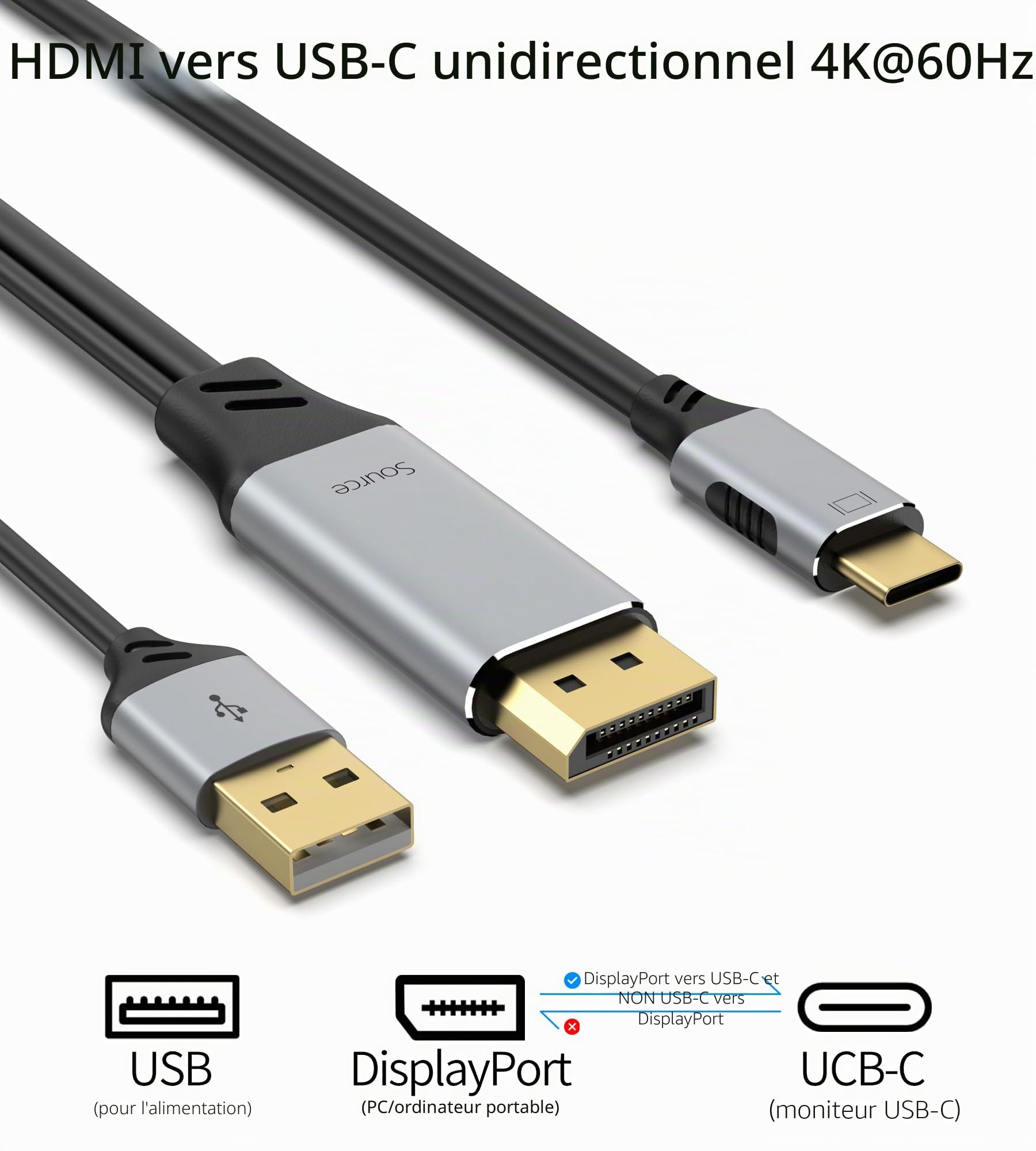 Câble DisplayPort vers USB-C 4K60 Hz, 2 m, Convertisseur DP Mâle vers Type-C pour Moniteur Portable Tactile, Compatible MacBook Pro/Air, iMac