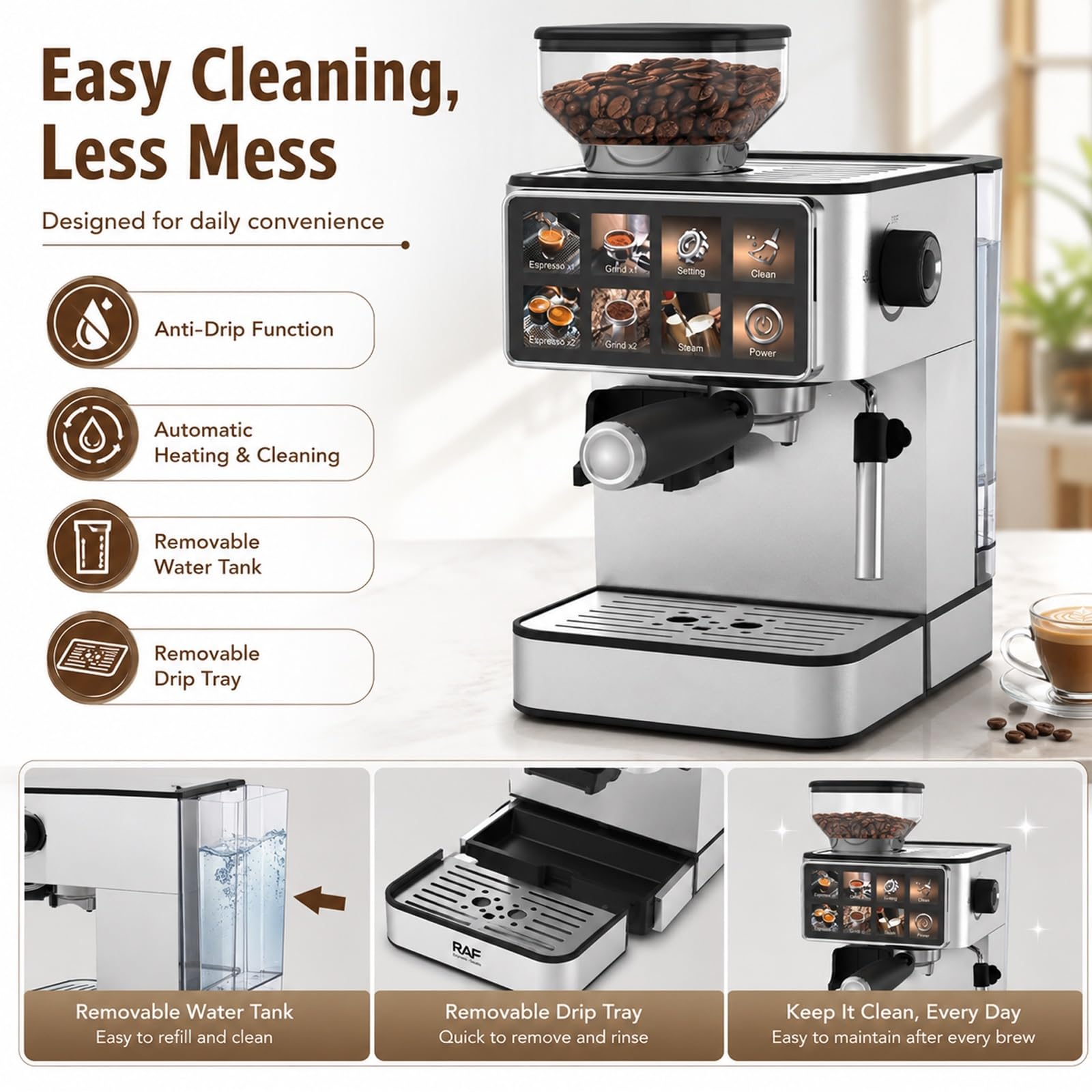 Cafetera Espresso Con Molinillo De 20 Bares, Cafetera Automática Con Molinillo Cónico Y Vaporizador Para Espumar Leche, Ideal Para Espresso, Capuchino, Latte Helado, Cold Brew Y Americano