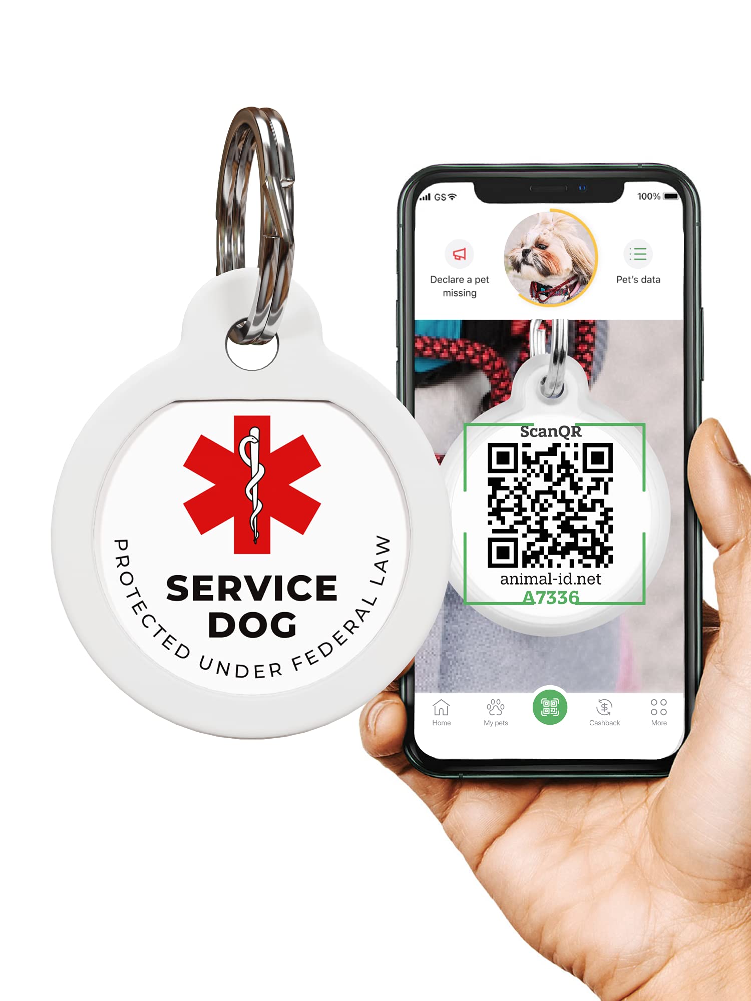 ROVERTAGS QR Code Pet Tag Service Dog ID - ESA - Emotional Support Service Dog Name Tags (Service Dog, S)