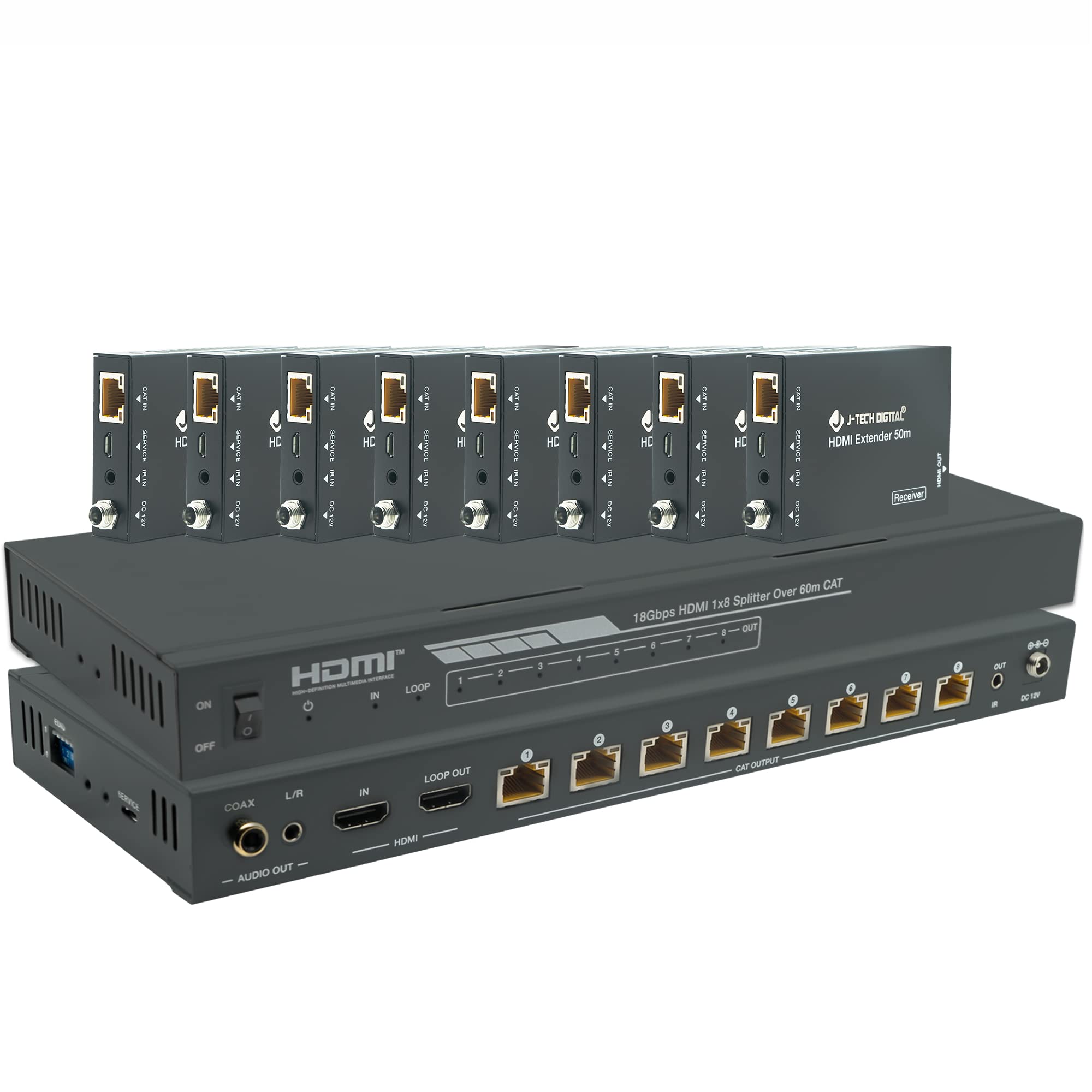 HDMI 2.0 4K Extender Splitter Over Single Cable CAT6 Up to 196 FT 1-in 8-Out w/Local Loop Output & Low Latency by J-Tech Digital [JTECH-18EX50]