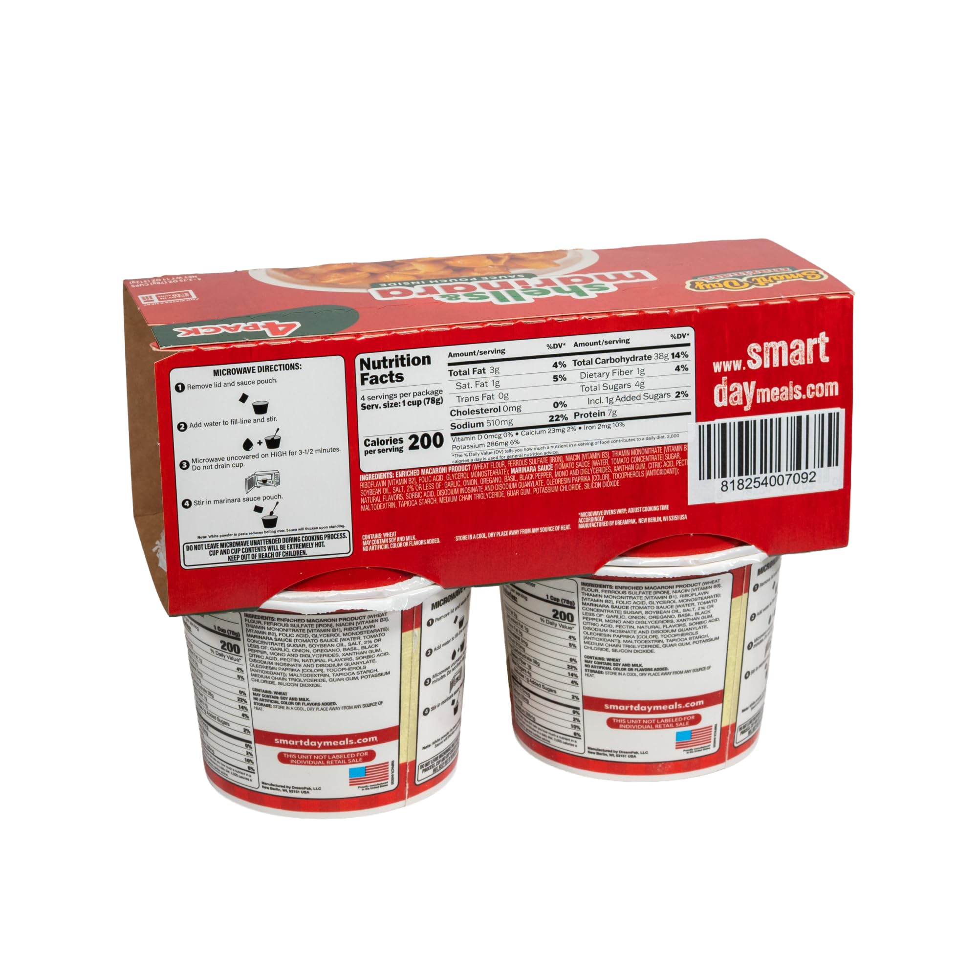Smart Day Pasta in a Cup, 4-Pack, Quick & Delicious Instant Pasta Meal, Shelf-Stable, Ready in 3.5 Minutes, Sauce Pouch Included in Each Cup. (MARINARA)