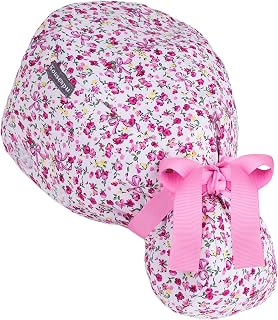 Satin Lined Scrub Cap Women with Ponytail Hole & Buttons,Adjustable Surgical Nurse Hat with Cotton Sweatband for Long Hair