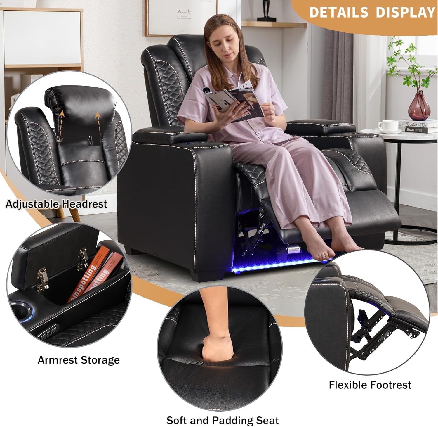 ANJ Power Home Theater Seating Recliner Chairs, PU Leather Recliner with Cup Holders, Electric Movie Theater Reclining Chairs with Adjustable Powered Headrest, LED Lights, Hidden Arm Storage (Black)