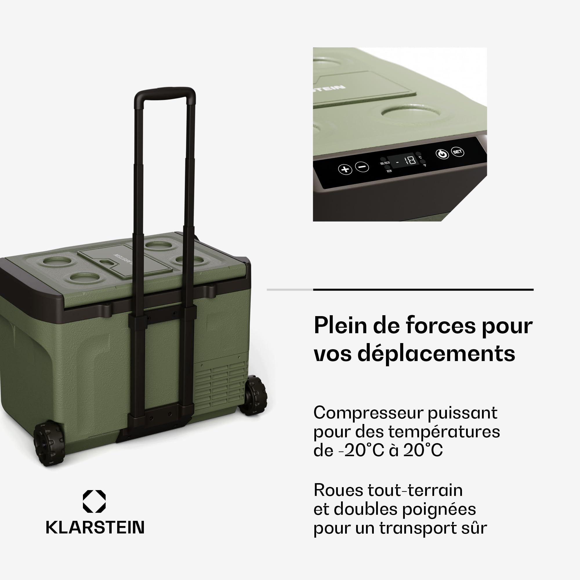 KLARSTEIN PolarForce 30L Glacière - Glacière électrique à Compression, LCD, -20°C à 20°C, Roues Tout-Terrain, poignées Doubles, Mode ECO, Protection Batterie, Vert, congélateur