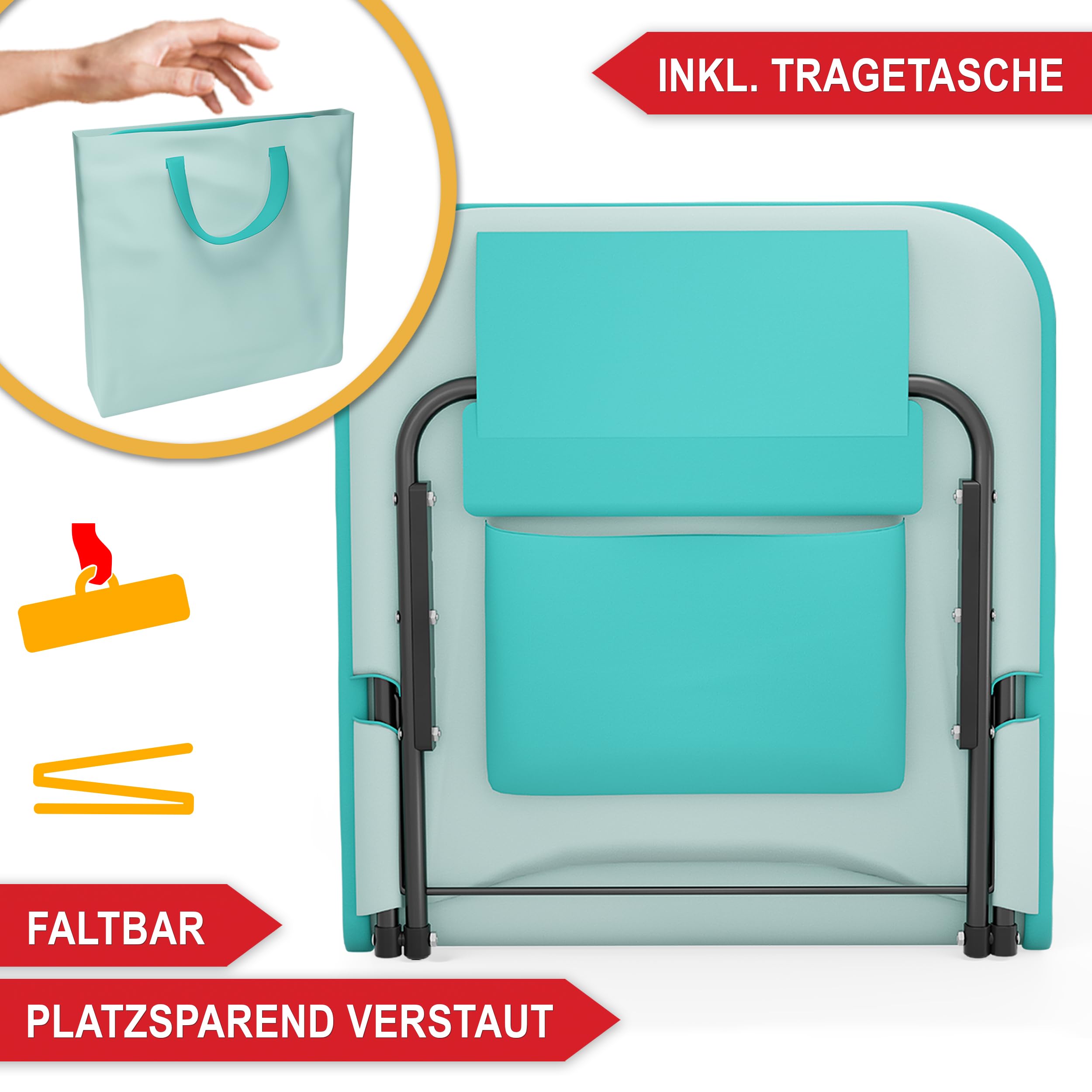Onbest Bequeme Strandliege 165 cm lang - mit Verstellbarer Rückenlehne und Liegekissen – praktisches Staufach – Strandmatte klappbar – Leichter Transport – inkl. Tragetasche - Strandmatte (Türkis)