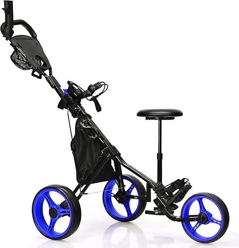 GYMAX Carrito de golf ligero plegable de 3 ruedas de altura ajustable con soporte para paraguas, asiento hidráulico, bolsa de almacenamiento y