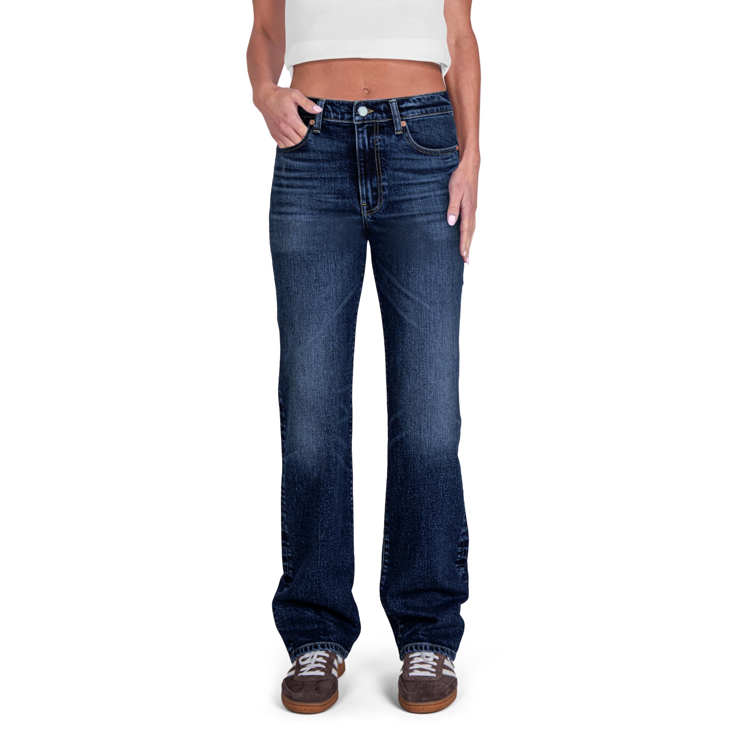 Photo 1 of ***STOCK IMAGE FOR REFERENCE***
CAKE THE LABEL Women High Rise Regular Straight Jeans Wide Legs Stretchy Pants (Dark Blue) 34x31