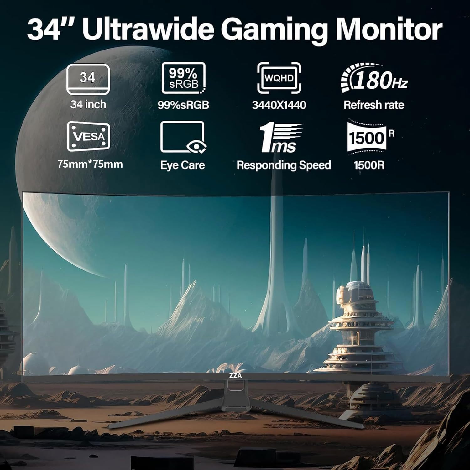 ZZA 34-inch Curved Monitor 180Hz WQHD Gaming Screen - Dettaglio
