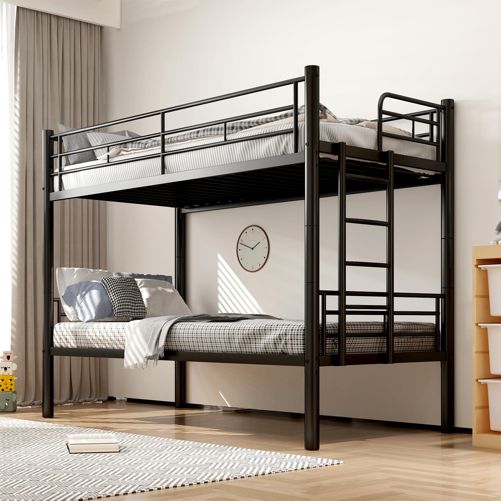 Litera de Metal de 90 x 200 cm, litera Juvenil con Escalera, Convertible en Dos Camas Individuales, Camas Altas para Adultos con somier y Barra de Seguridad para Dormitorio