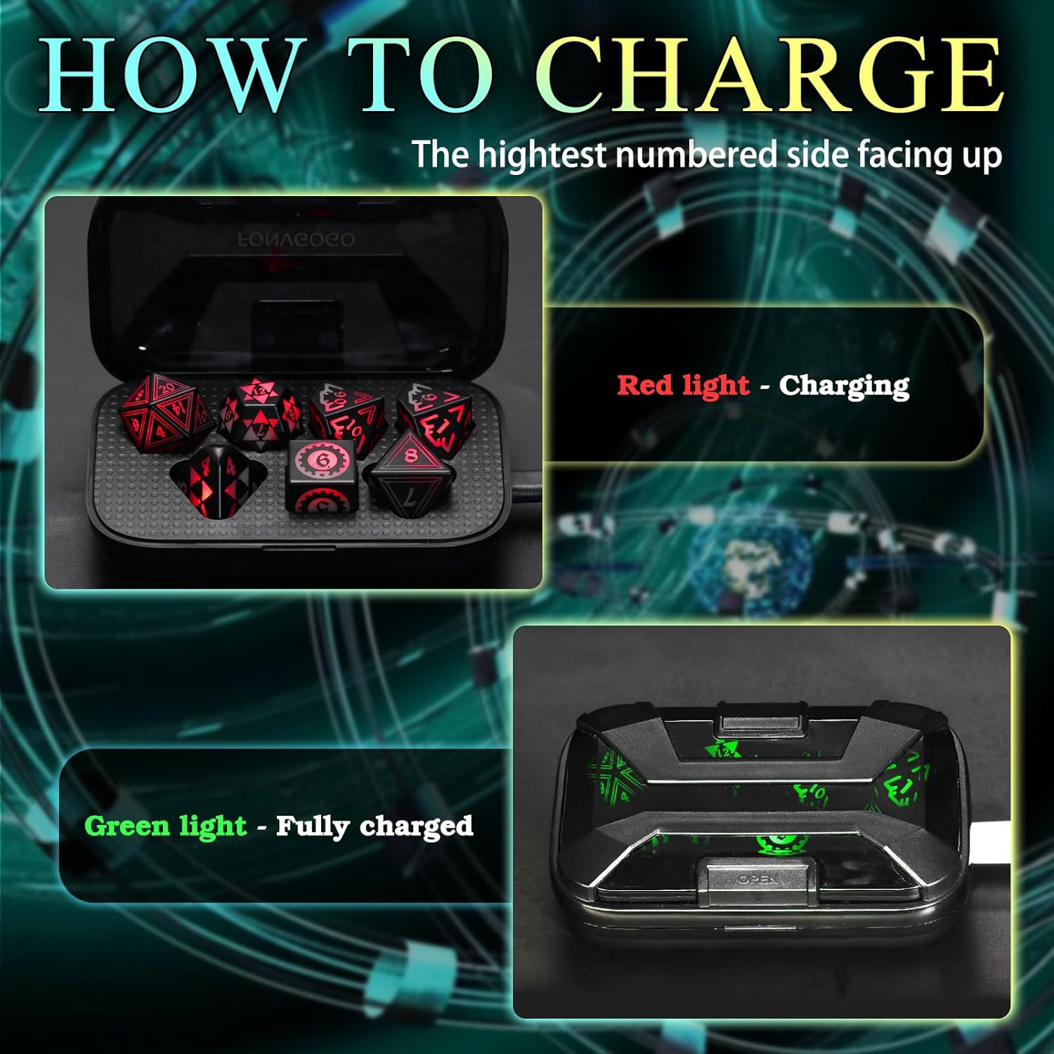 FONVGOGO Light up DND Dice Set Rechargeable with Charging Box for Dungeons and Dragons Polyhedral Unique Cool LED Colored Dice Set D and D Glow in The Dark Dice 7 Color (G-RGB)