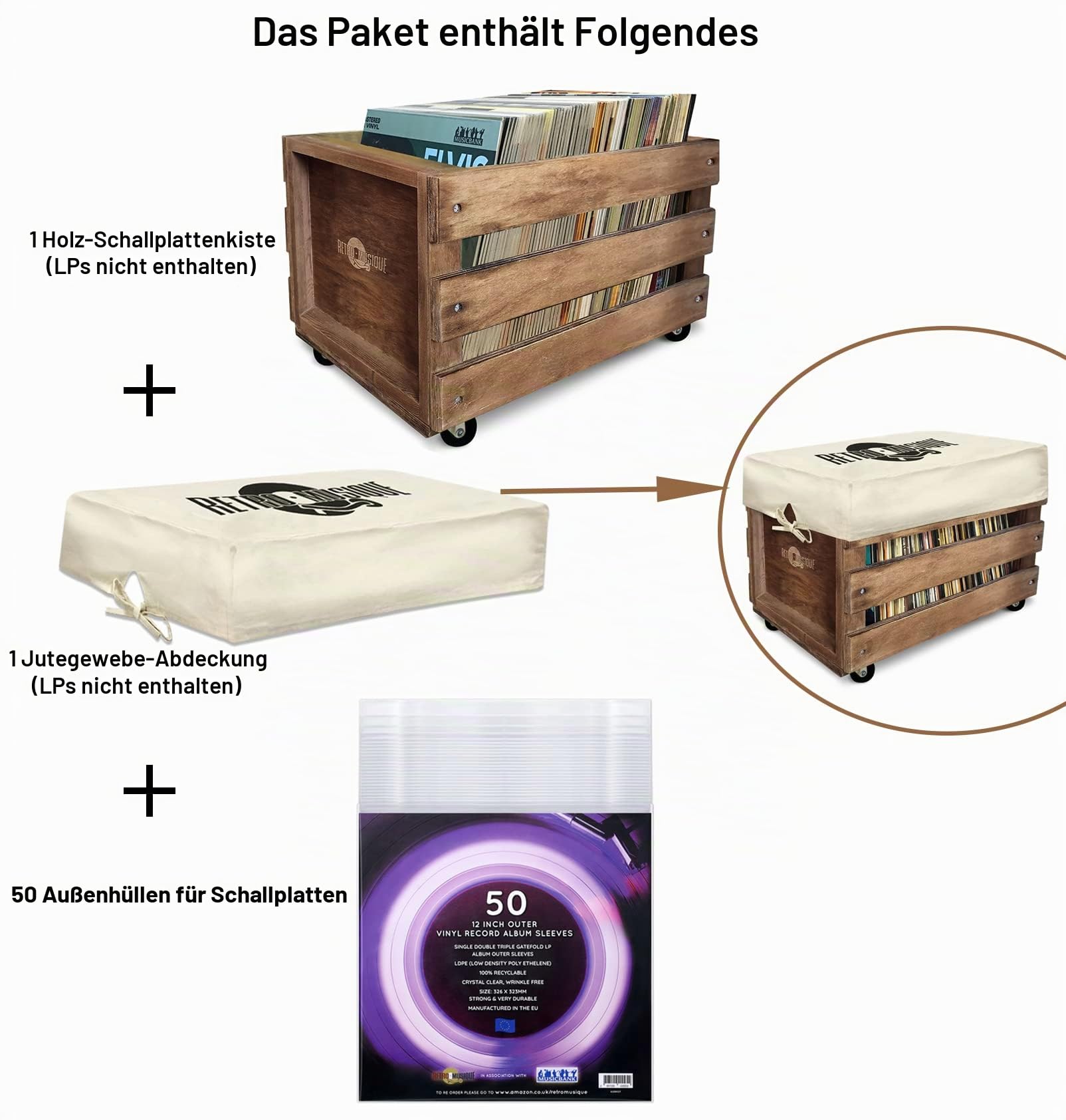 Aufbewahrungsbox aus Holz, 30,5 cm, für bis zu 100 Alben (in PVC-Hüllen), mit Sackleinen-Stoffbezug, inkl. 50 Schallplatten-Außenhüllen (Eichen-Finish)