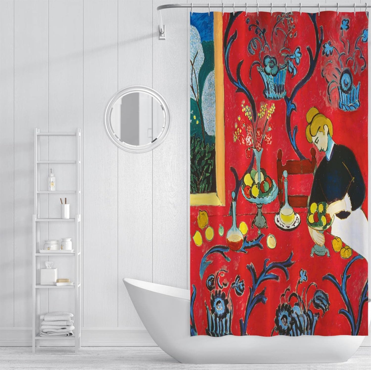 Extra Long Red Shower Curtain Henri Matisse Classical Art Fabric Washable Shower Curtain Liner Retro Boho Shower Curtains Waterproof W72 x L78(in)