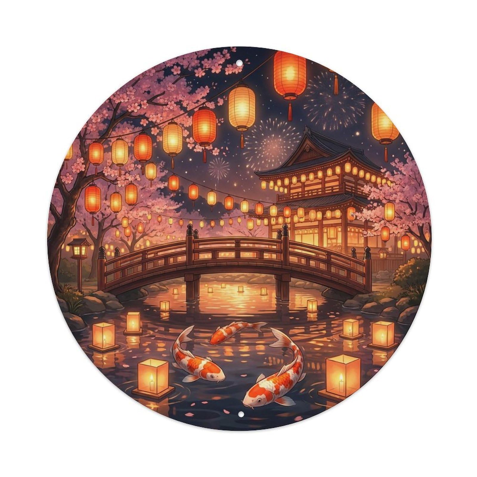 Olyhtr 8X8inch Classic Style Water Lantern Koi Pond Japanese Garden Retro Style Metal Tin Sign