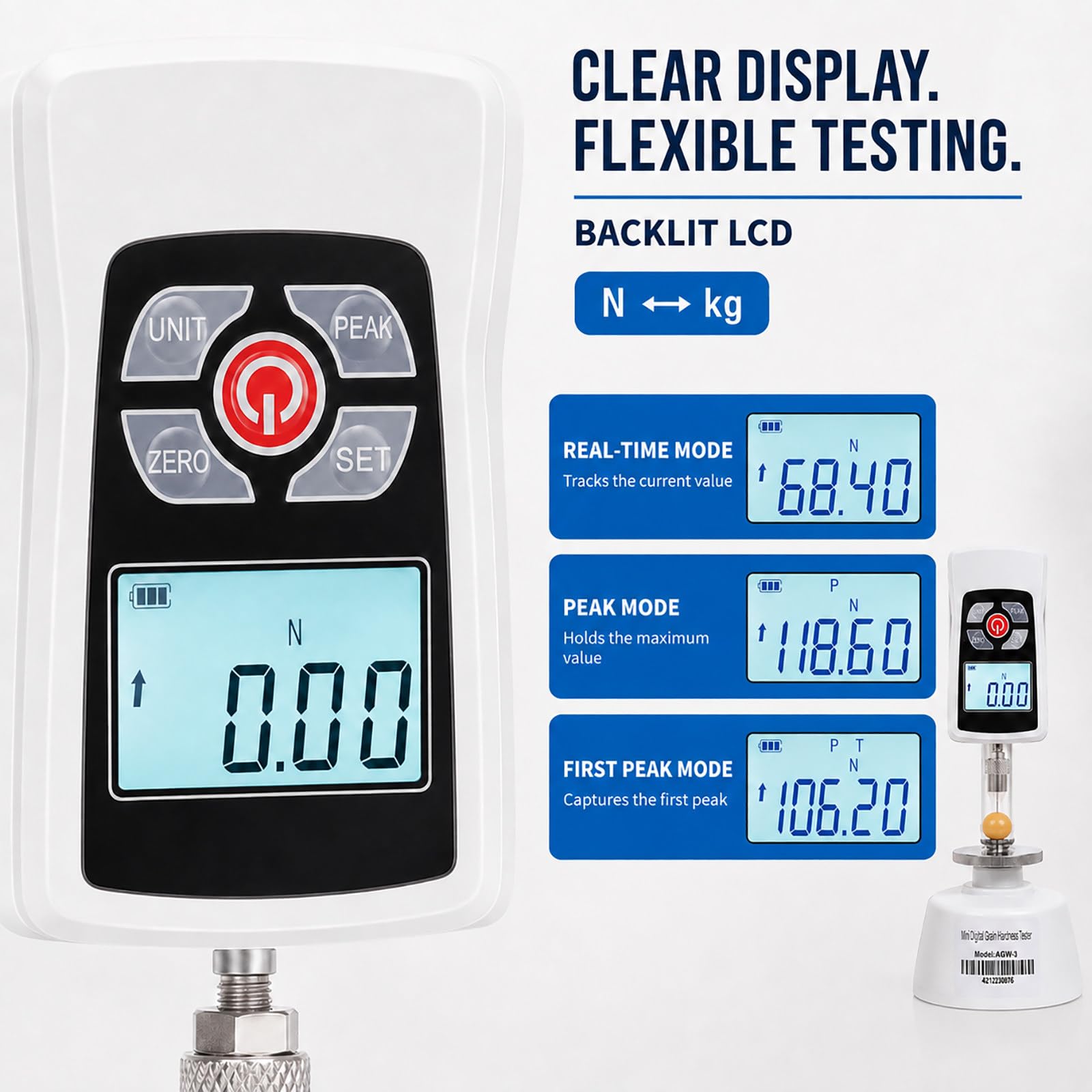 Durómetro Digital para Granos, LCD y Doble Unidad kg y N