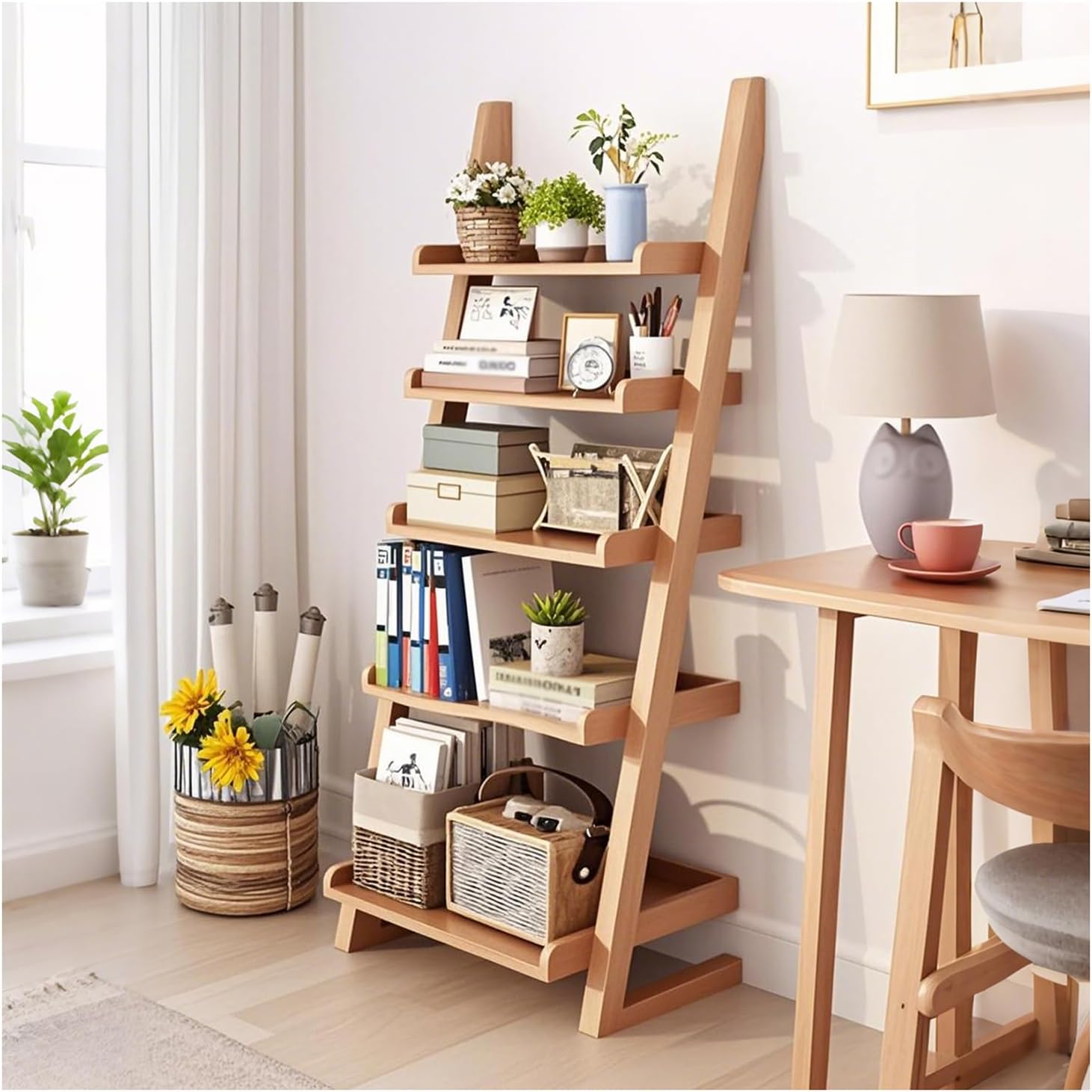 Ladder Shelf Bookcase, 5 Tier Wooden Ladder Bookshelf Space-Saving, Freestanding Storage Rack Organizer for Living Room, Home Office and Bedroom, Wood Color