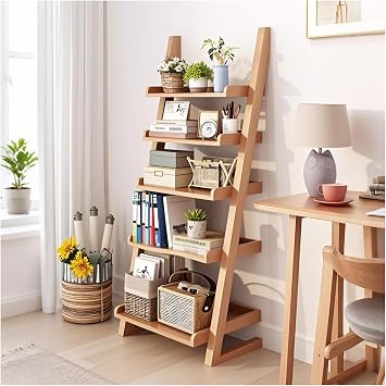 5-Tier Wooden Ladder Shelf Bookcase, Wood Color Leaning Bookshelf | Ladder Bookshelf Space-Saving, Freestanding Storage Rack, Plant Ladder indoor for Living Room, Home Office and Bedroom