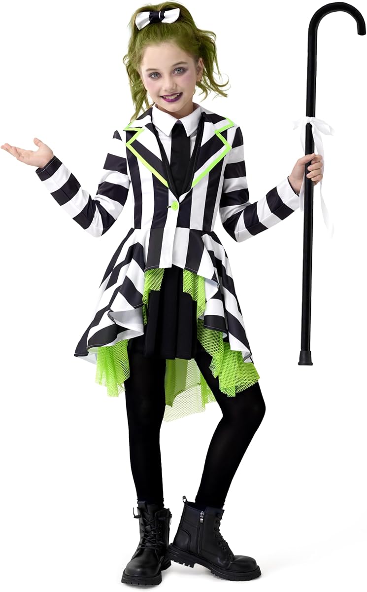 Spooktacular Creations Disfraz de Halloween para niñas, disfraz de terror de rayas verticales en blanco y negro para niños