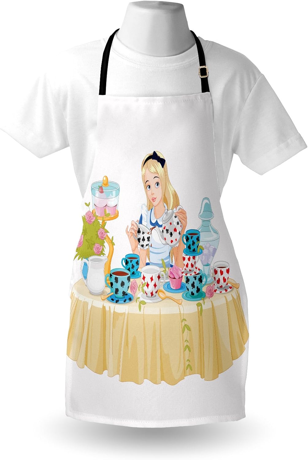 Lunarable Alice in Wonderland Apron, Girl Pours Cup of Tea Cupcakes Flowers in Fantasy Land Trippy, Unisex Kitchen Bib with Adjustable Neck for Cooking Gardening, Adult Size, Pastel Beige