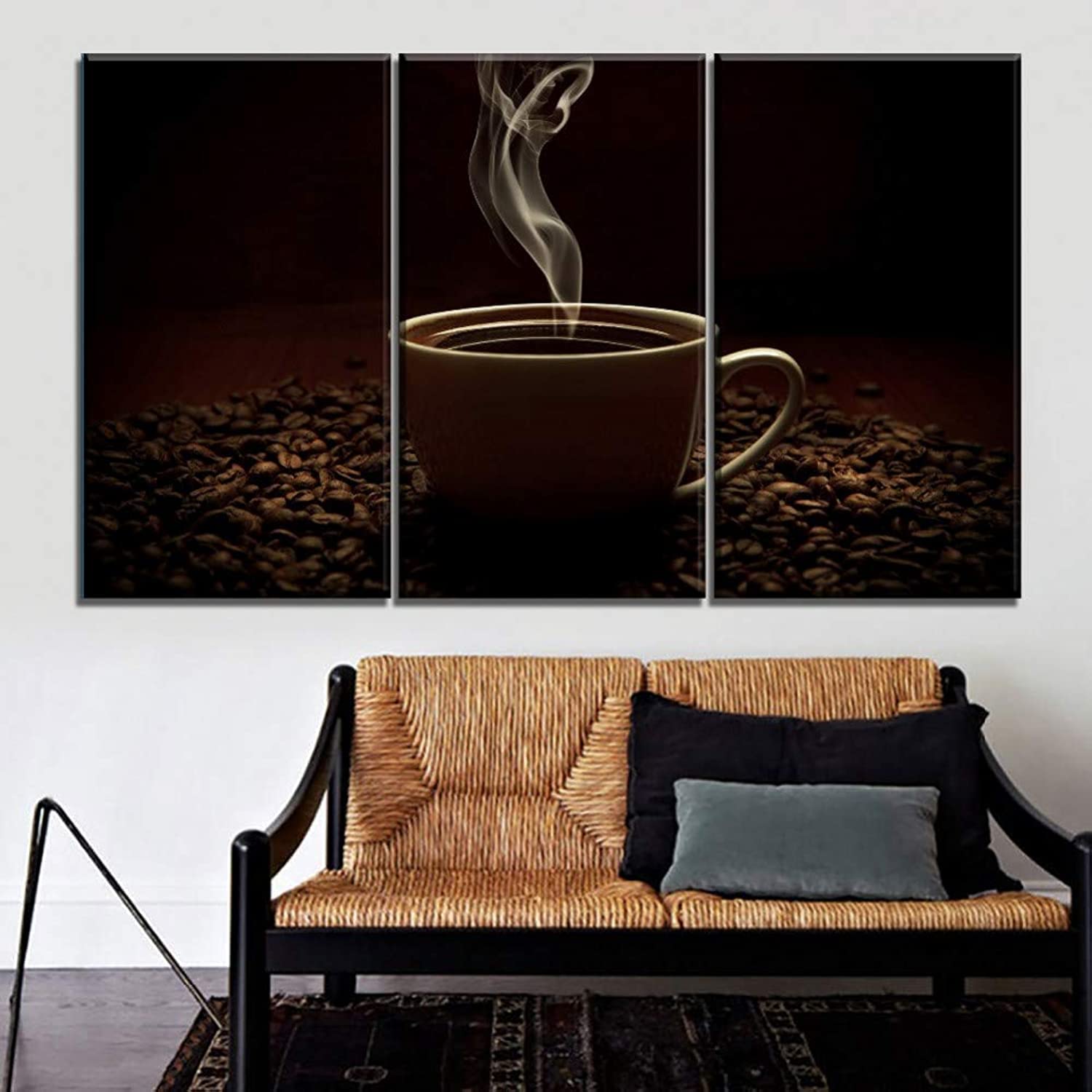BPA 3 Panels Combinatorial Art Picture Coffee Beans And Hot Black Coffee Canvas Printing Type Poster Cafe Wall Decorative