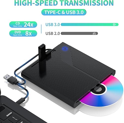 Miniatura 3 de Unidad externa de CD/DVD para laptop, reproductor USB 3.0 5 en 1 silencio grabadora portátil de CD/DVD, tipo ranura grabadora ROM, unidad de disco