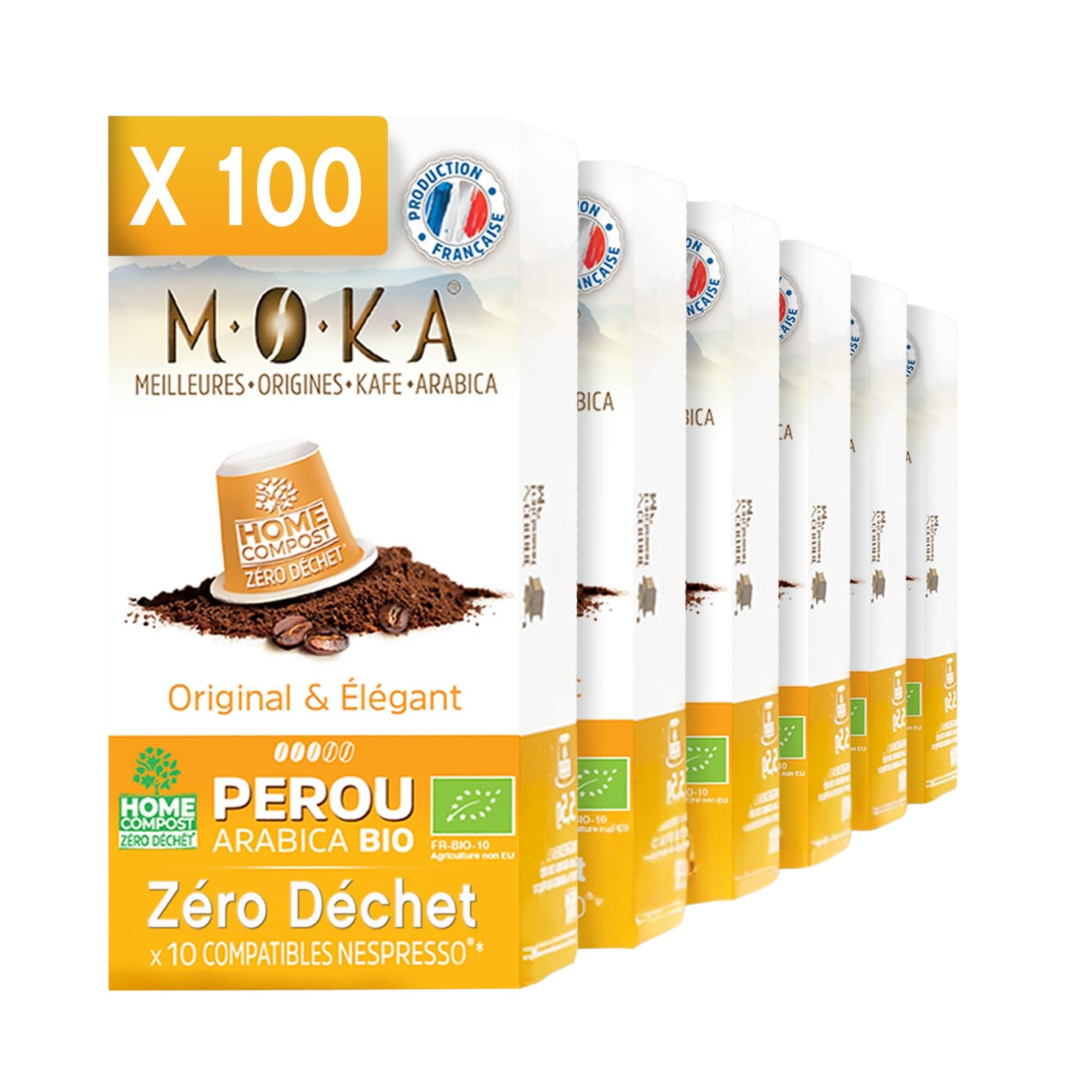MOKA - 100 Capsules Café Bio d’excellence 100% Pur Arabica du Pérou Bio (10*10) - Délicat et Fruité - Compatibles avec Nespresso - Intensité 6 - Home Compost - Expresso et Lungo - Torréfié en France