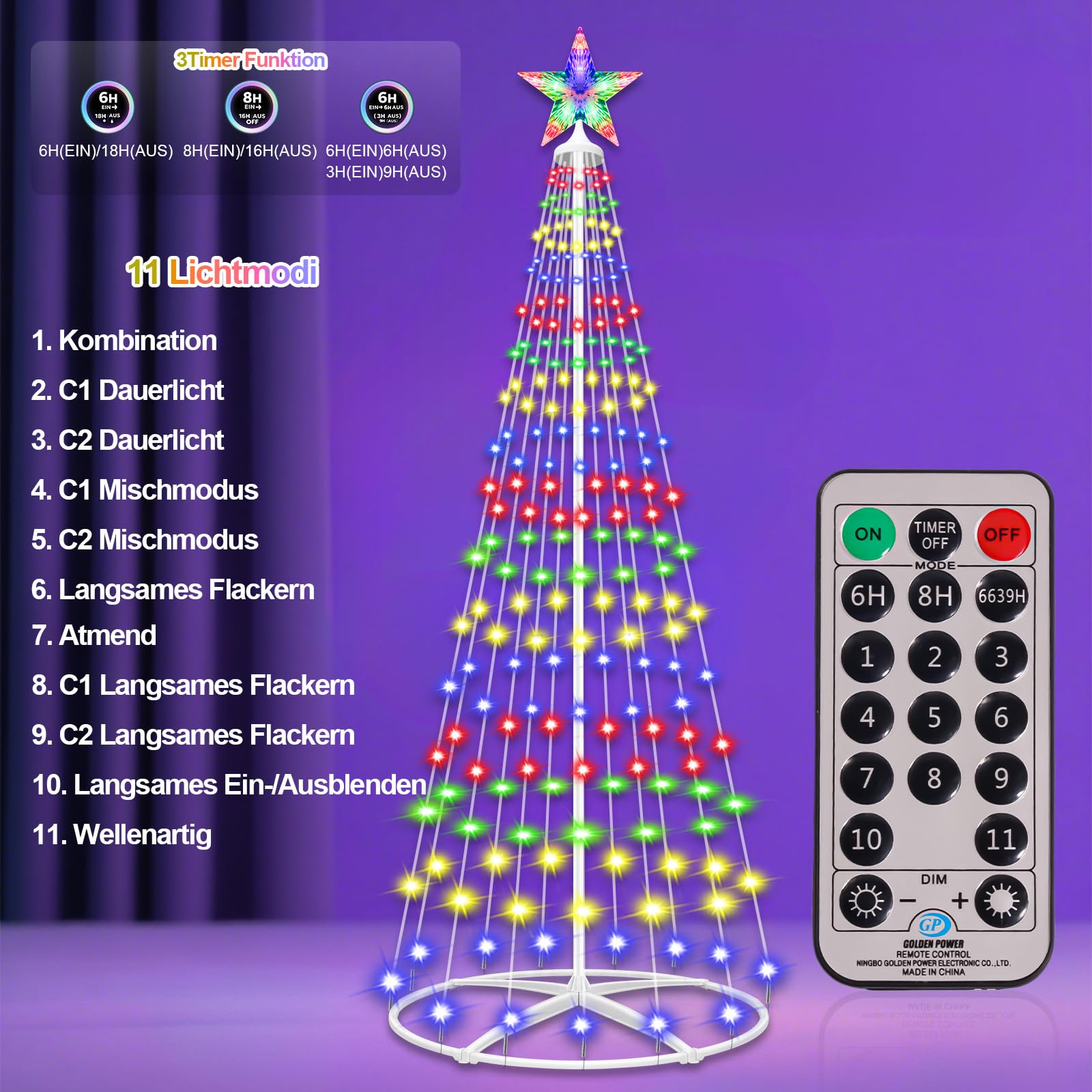 Weihnachtsbaum Metall Groß Kegelform 1.5m 204LED Mehrfarbig&Warmweiß Weihnachtsbaum Außen mit 11 Modi Fernbedienung &Timer, IP65 Wasserdichter Beleuchteter Baum Innen und Outdoor Weihnachtsdekoration