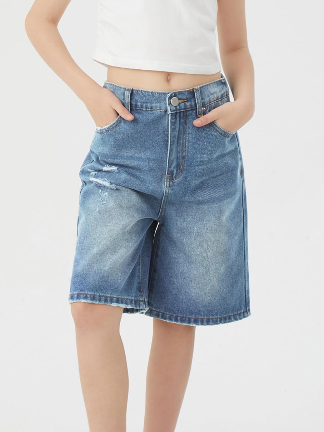 Girls Jeans Shorts Ripped Denim Bermuda Elastic Waist Bottom Trendy Cotton Summer Clothes for Kids - Image 2
