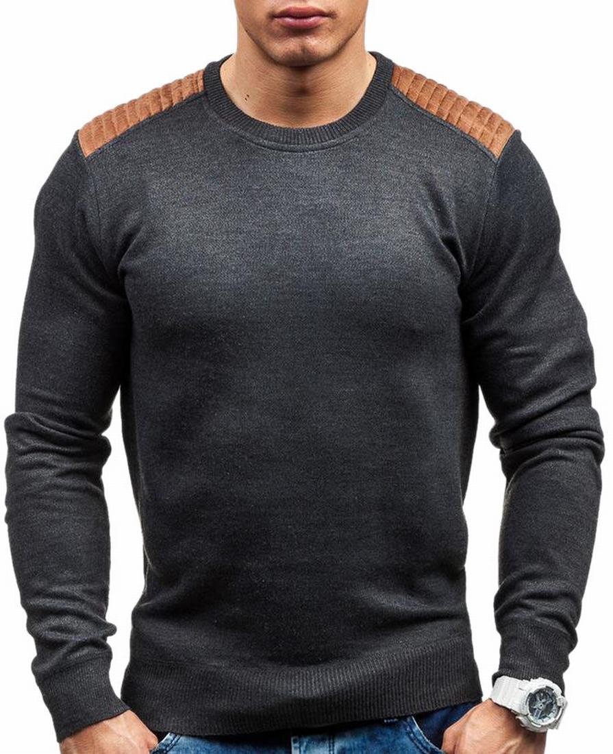 FLCH+YIGE Men's Slim Long Sleeve Elbow Patch Crewneck Pullovers Sweater Dark Grey M