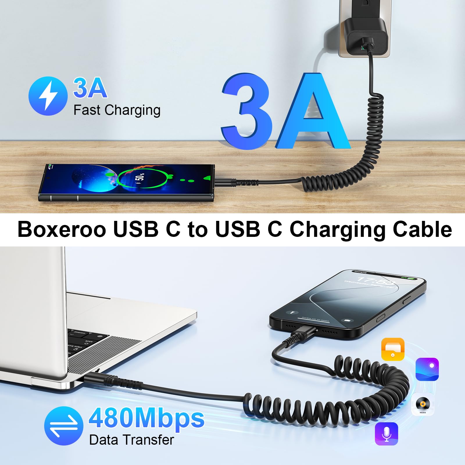 Cable de carga USB C a USB C, paquete de 4 cables de carga USB C en espiral para coche, cable de carga rápida tipo C a C de 6 pies de largo para teléfono/Android Auto/iPhone Samsung Galaxy/Carplay