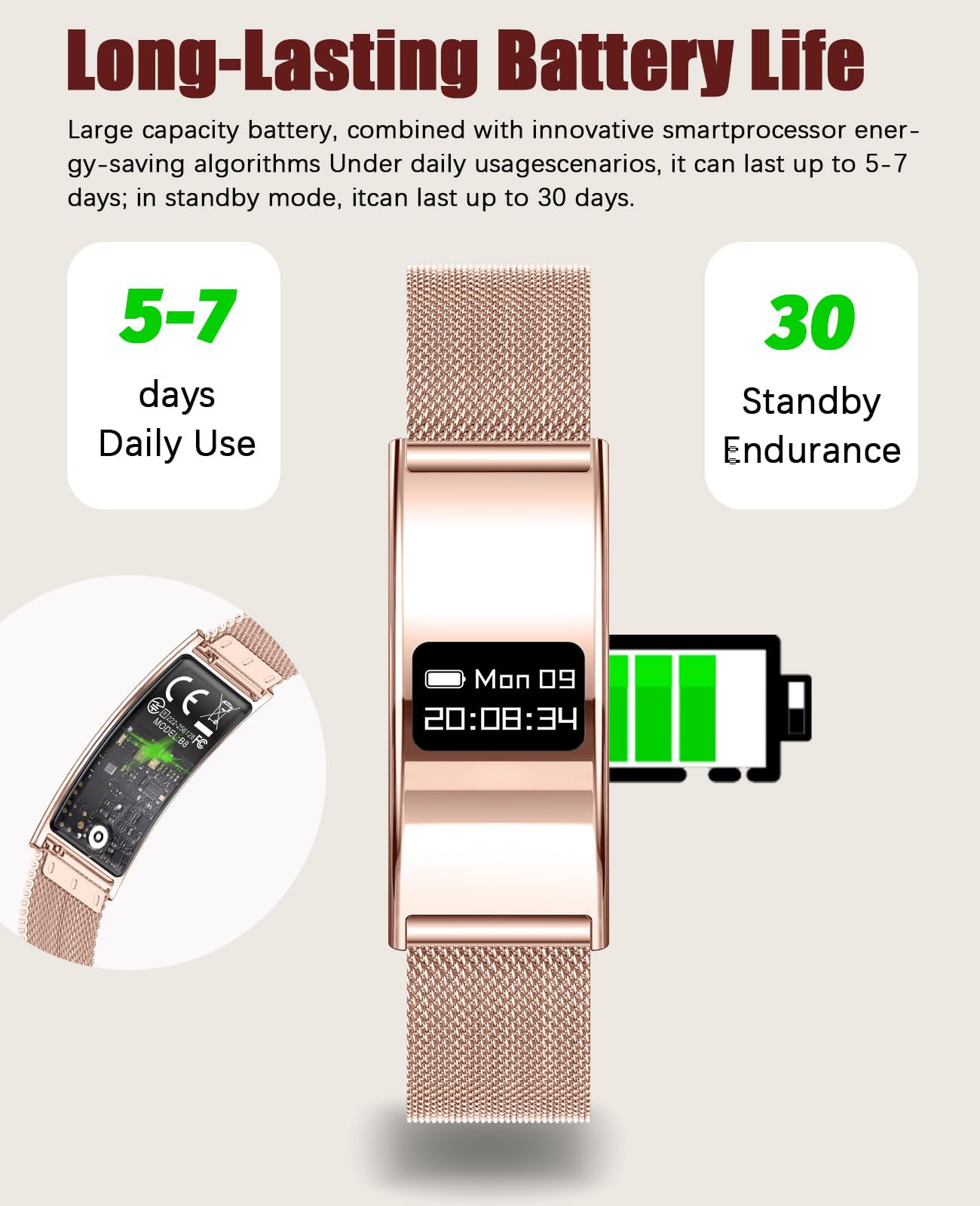 Orologio intelligente per uomini e donne, monitor fitness ultra sottile in acciaio inossidabile con 100 m impermeabile, monitoraggio del sonno della frequenza cardiaca, batteria da 30