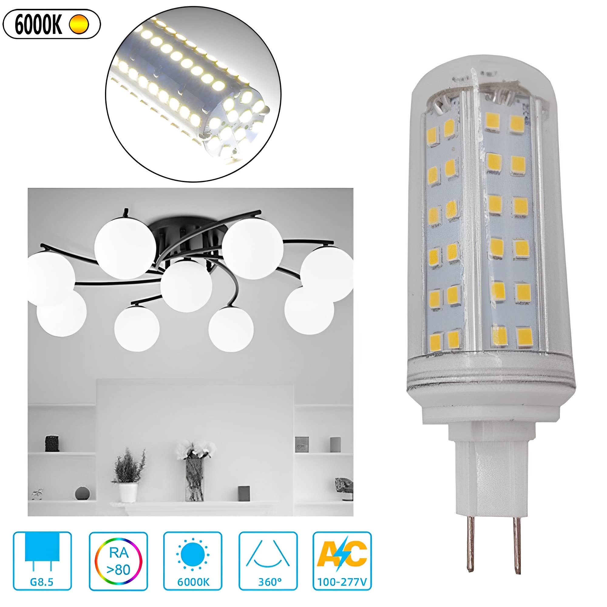 LED G8,5-Glühbirnen, G8,5-Maisbirnen mit Doppelstiftsockel, 10 Watt, 1000 lm, 3000 K, 4000 K, 6000 K, Konstantstrom, kein Flackern, nicht dimmbar, AC 100 V ~ 277 V (10er-Pack)