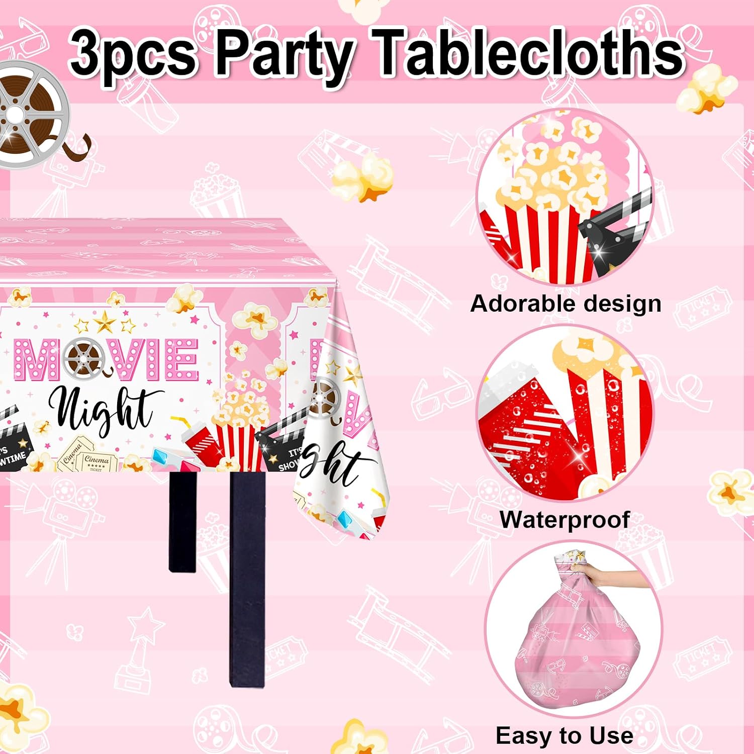 Avezano 3pcs Movie Night Decorations Pink Movie Night Tablecloths 108 x 54 inch Plastic Disposable Popcorn Theater Birthday Party Supplies