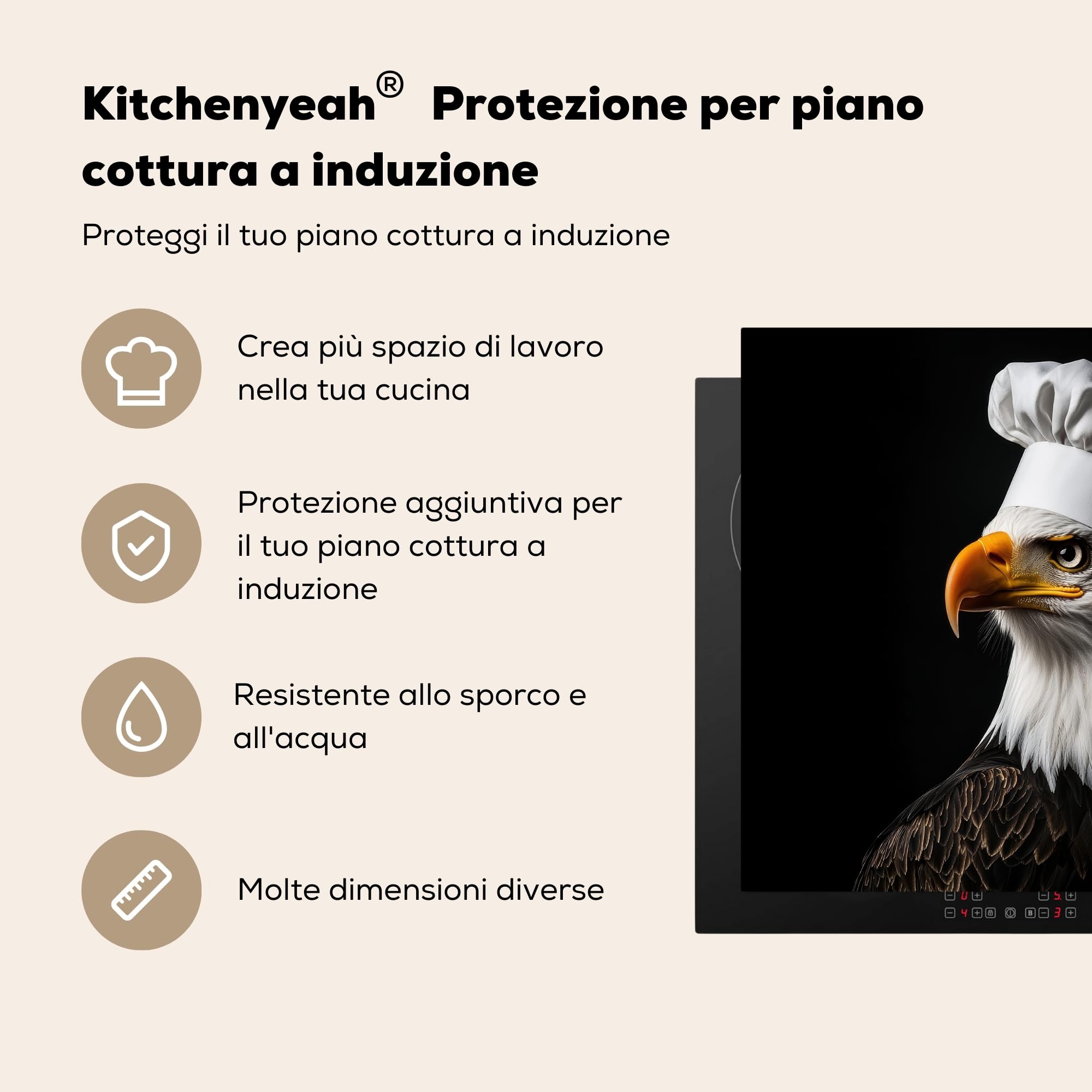 KitchenYeah© Protezione Piano Cottura Tappetino per Induzione 59x52 cm Cucina Proteggi Coprifornello Antiscivolo Aquila - America - Cappello da Cuocu - Uccello - Difficile