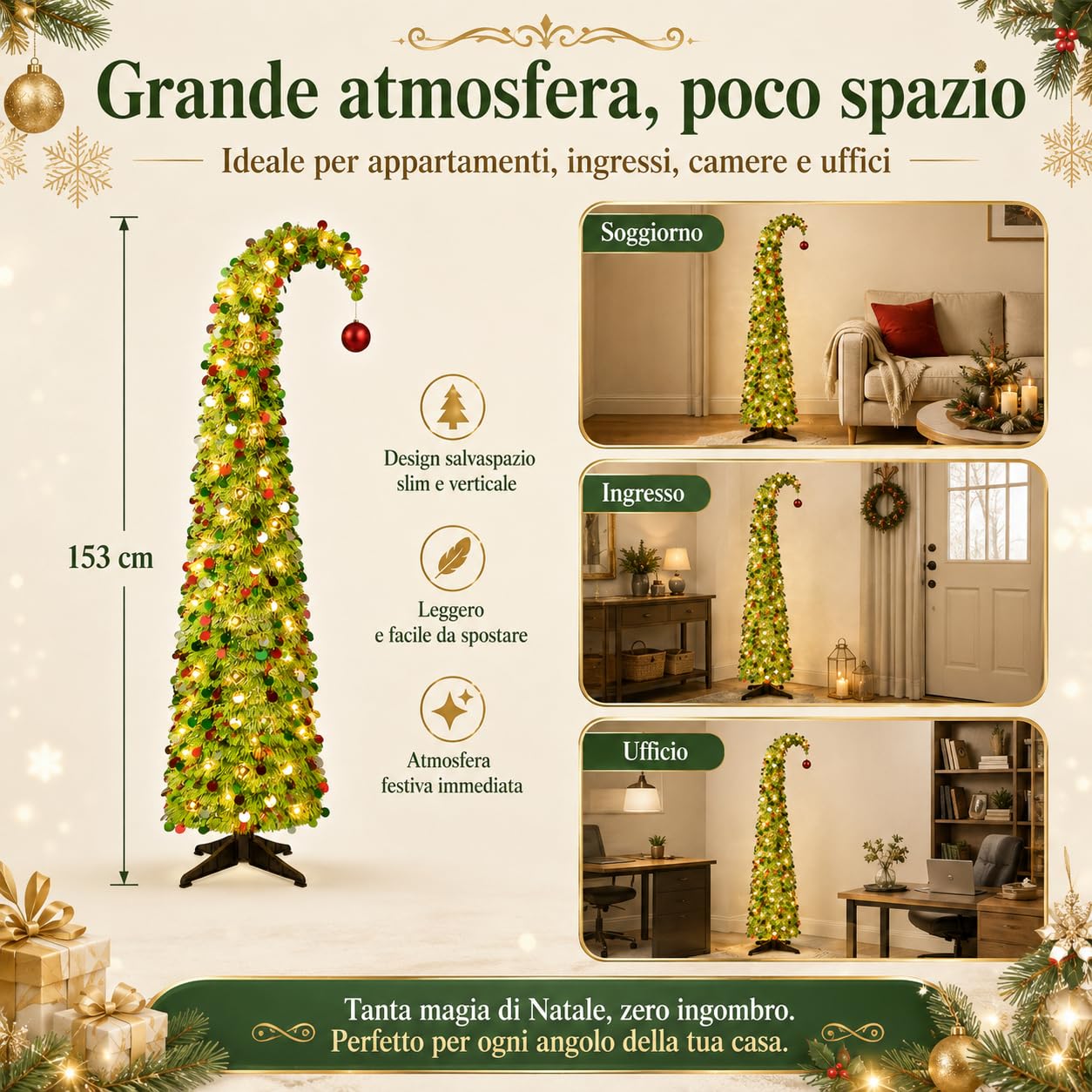 Albero di Natale Pop Up 153 cm con Luci e Paillettes, Salvaspazio