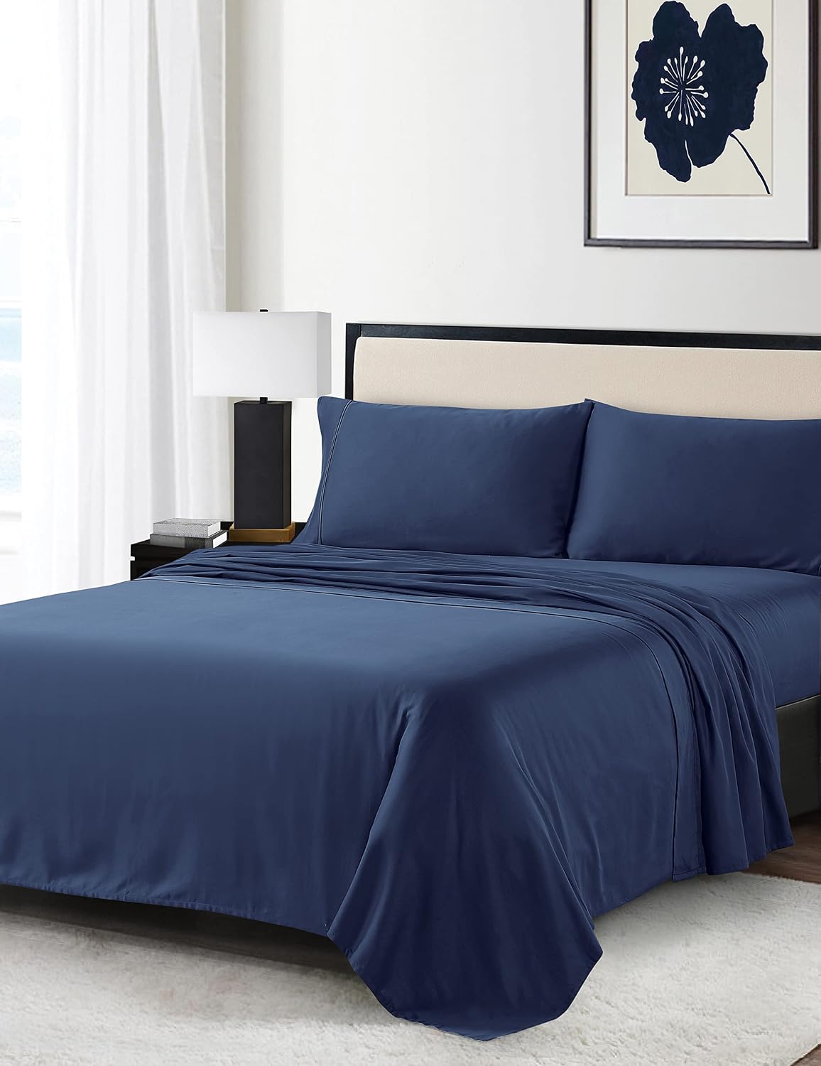 Anne Klein Reverie 100% Cotton Solid Sheet Set, Twin, Navy