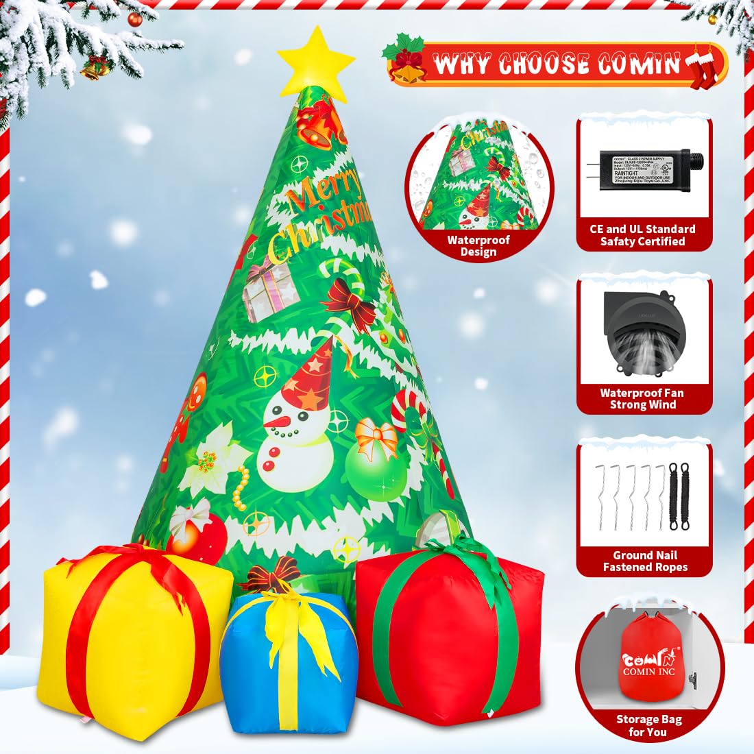 Comin Bonhomme de Neige Gonflable de Noël avec Une boîte, décoration de Cour Gonflable avec lumières LED intégrées pour Les Vacances, Les fêtes, Noël, la Cour, Le Jardin
