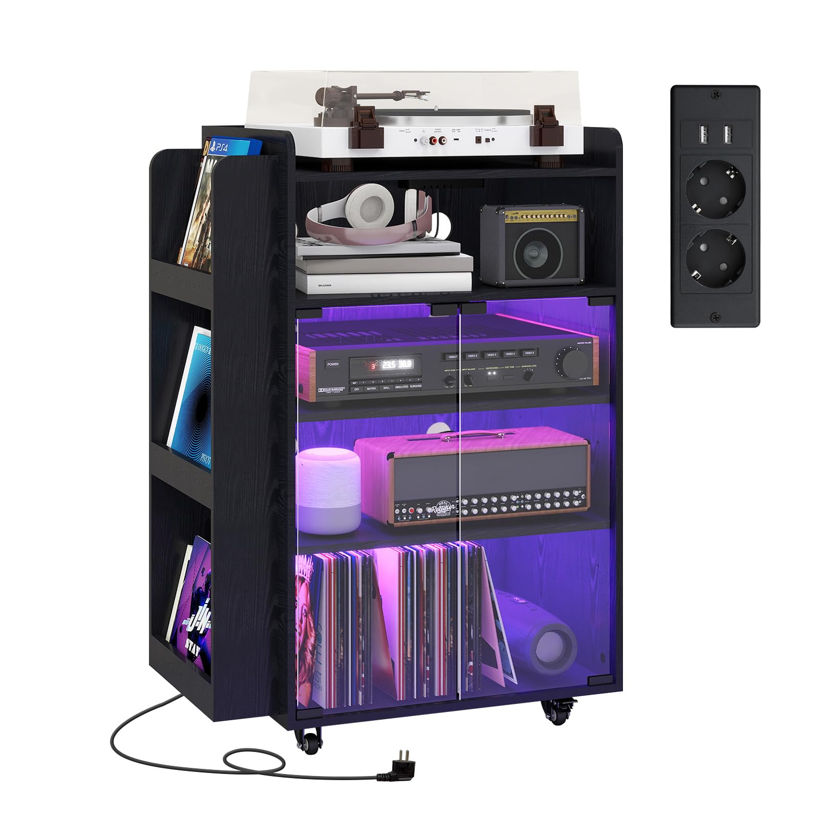 YU YUSING Meuble Vitrine CD Chaîne HiFi à 5 Niveaux avec Éclairage RGB 20 Couleurs, Prise Intégrée et Roulettes, Meuble Platine Vinyle, Étagères Réglables pour Tourne Disque, DVD, Salon/Bureau/Studio