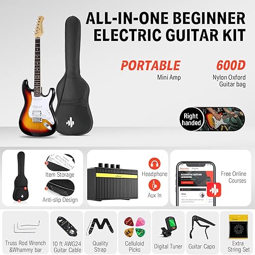 Miniatura 2 de Donner Paquete de guitarra eléctrica DST-100S con capo de guitarra de 4 púas