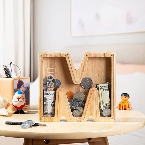 Miniatura 7 de LanM - Alcancía de madera personalizada  Caja de efectivo de animales y banco de 26 letras para niños y niñas, moneda grabada personalizada con