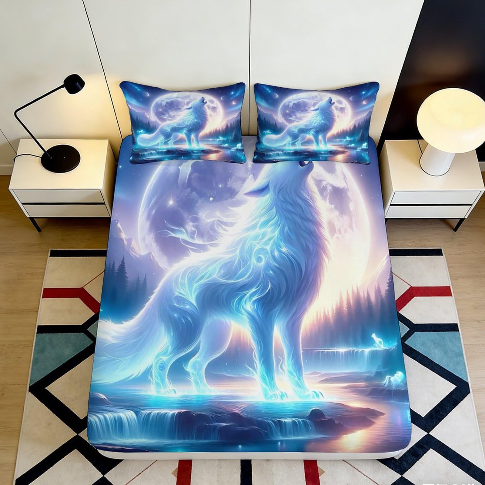 Uynsixtme Style-6 3D Printed Cosmic Wolf Fitted Sheet Microfiber Non-Slip Deep Pocket Bedding Set Wolf Mattress Fitted Cover Breathable Washable Home 90X200x25cm