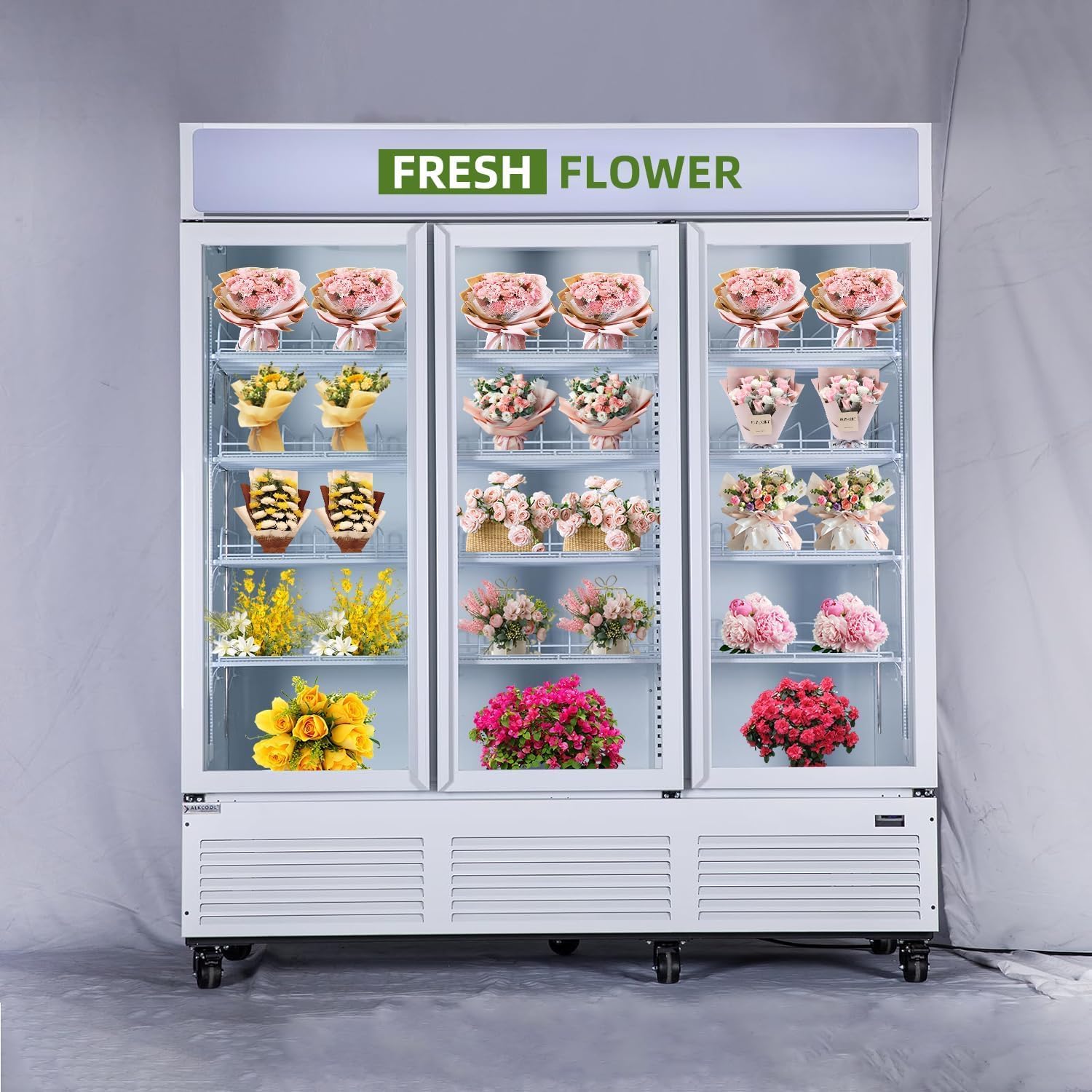 Commercial Refrigerator Floral Beverage Display Cooler,3 Glass Doors Commercial Flowers Drink Fridge With LED Light Adjustable Shelves,ETL &NSF Approval,71" Wide,White,63 Cuft,Wheels Not Included