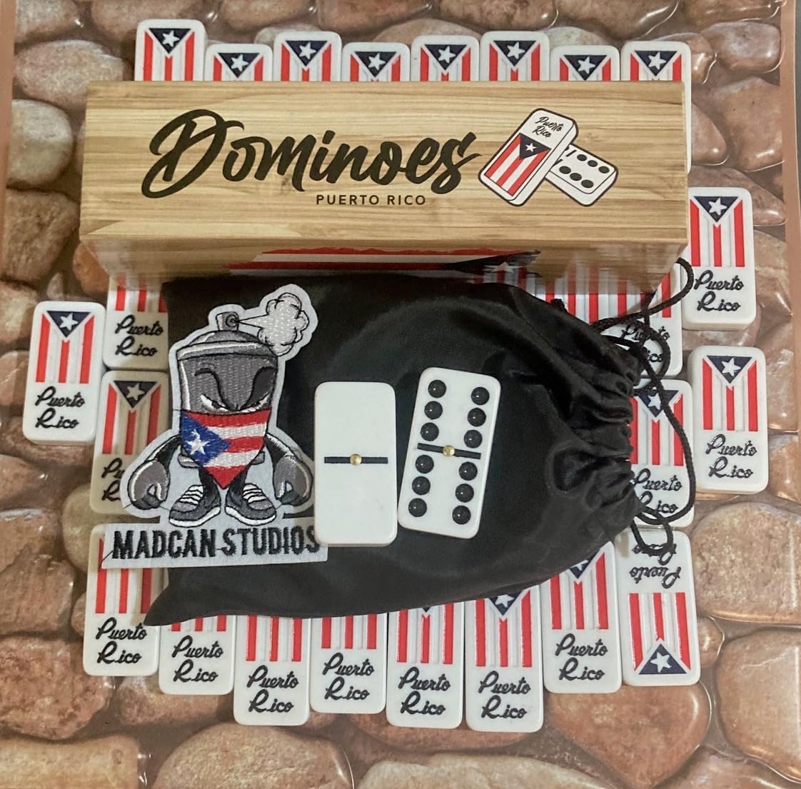 Puerto Rico Dominoes Set, Travel Bag No Wood Box Puerto Rican Domino Set, Boricua Style Accessories Double six Large Adult Size Dominos with Puerto Rico Flags