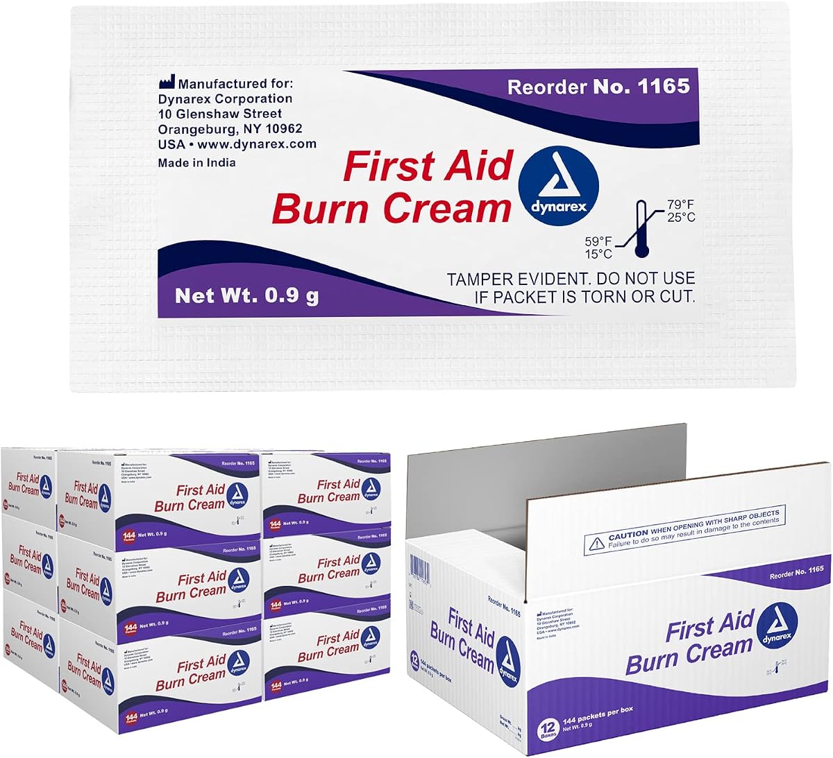 Dynarex First Aid Burn Cream - Burn Ointment for Minor Cuts, Wounds, Burns, Water-Based Formula with Benzalkonium Chloride, 0.9g Packets, 12 Boxes of 144, 1728 Packets Total