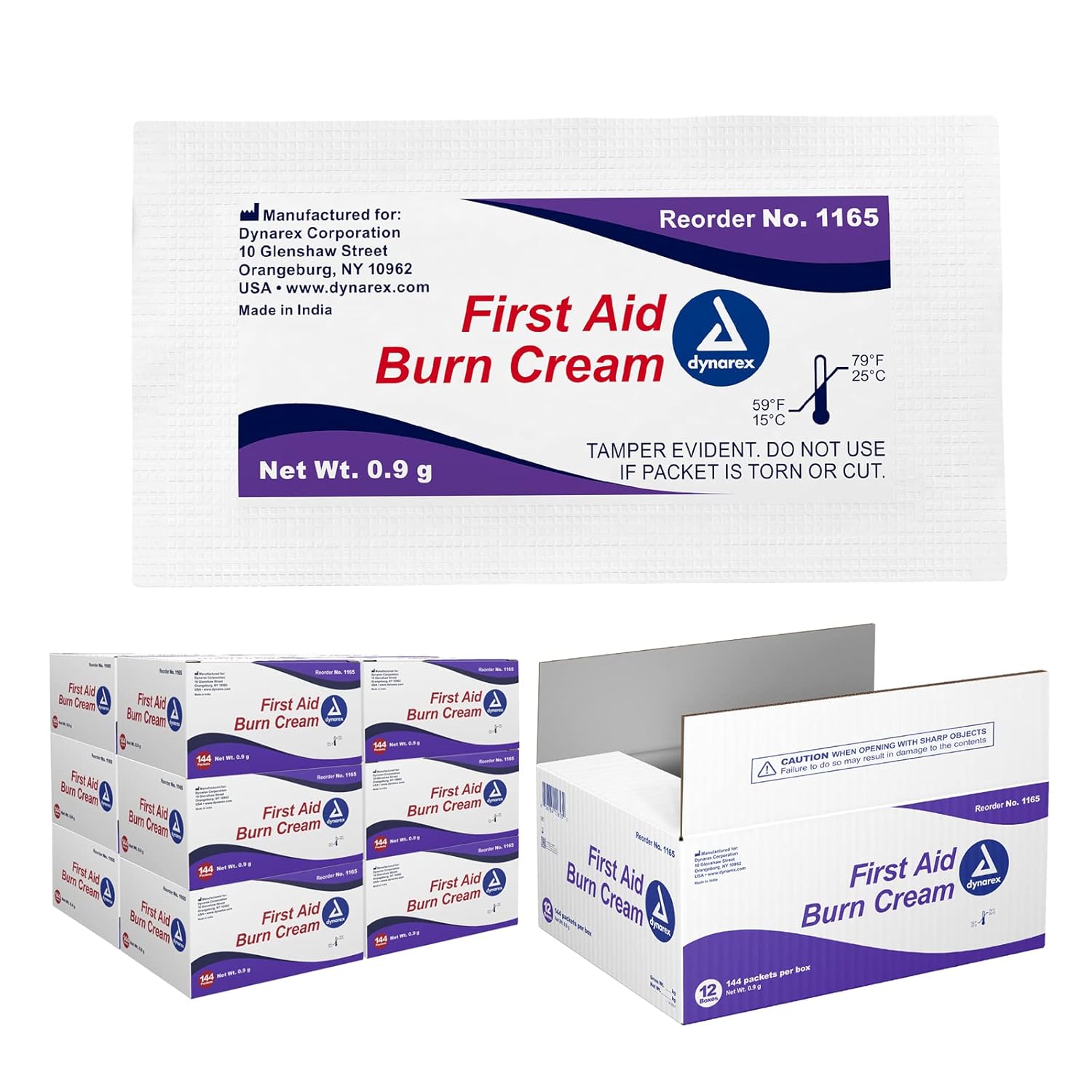 Dynarex First Aid Burn Cream - Burn Ointment for Minor Cuts, Wounds, Burns, Water-Based Formula with Benzalkonium Chloride, 0.9g Packets, 12 Boxes of 144, 1728 Packets Total