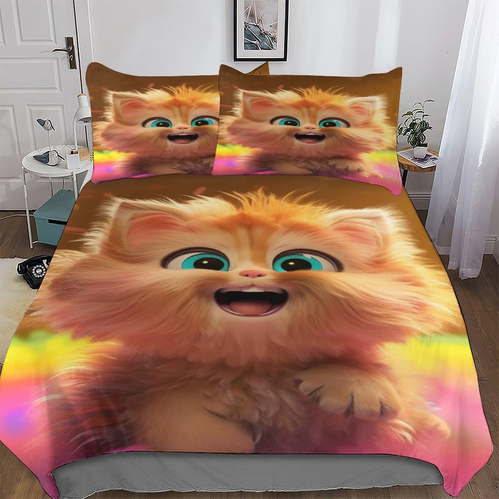 Housse de couette chat 220x240 cm avec taies d'oreiller pour lit King